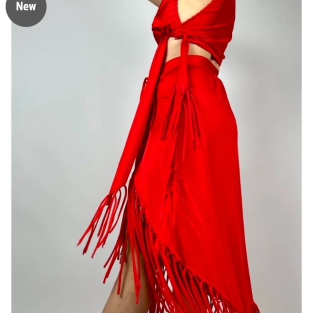 Red Asymmetrical Skirt With Fringe